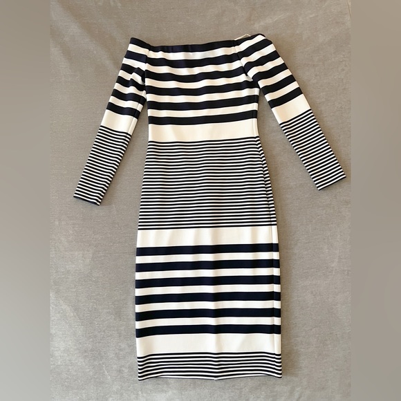 Eliza J Navy White Striped Off the Shoulder Long Sleeve Sheath Midi Dress Size 4 - Picture 3 of 5